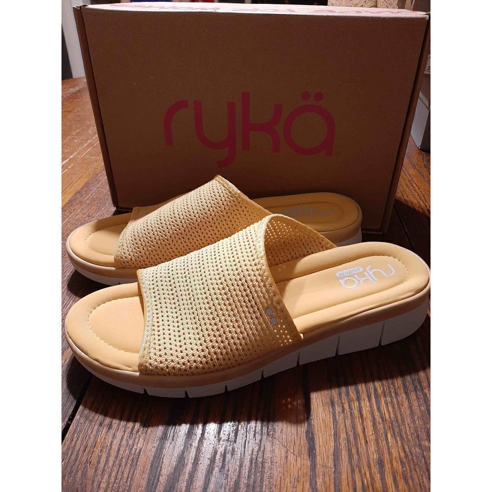 New 9M Ryka Yellow Ellie Memory Foam Slide Sandals Open Toe Slide Shoes - Picture 2 of 6